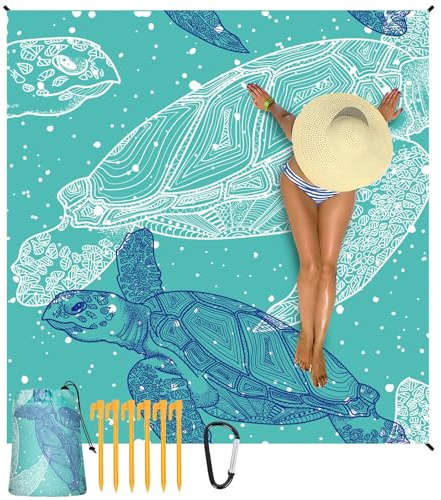 Mikrofaser Strandtuch - 210x200 cm Groß Stranddecke Sandfrei mit 6 Bodennägel und 1 Karabiner Strandzubehör, Weich & Hautfreundlich Schnelltrocknend Strandtuch für Strand, Picknick, Reisen, Wandern