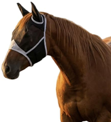 Masque Anti Mouche Cheval, Bonnet Anti Mouches Noir pour Chevaux avec Oreilles, Modèle One Piece, Maschera per Occhi in Maglia Traspirante per il Viso, Protection Anti-Tau pour Chevauxr (M)