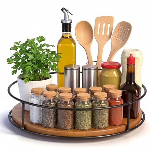 Drehteller Organizer Holz, 23cm Lazy Susan 360° Drehfunktion Rutschfest | Gewürzaufbewahrung Rund Drehplatte, Arbeitsplatte Küche Schrank Tisch Schlafzimmer Badezimmer Speisekammer