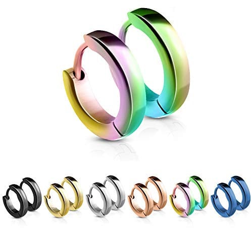 Treuheld® | Schmale Creolen/Ohrringe aus medizinischem Edelstahl | 2,5mm x 12mm | Bunt/Regenbogen | Klappcreolen für Damen und Herren | Set