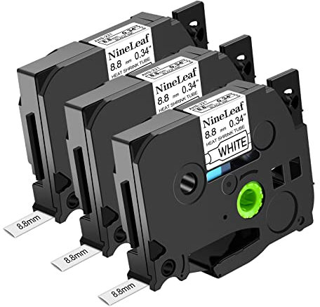 NineLeaf 3 Pack Compatible for Brother P-Touch 8.8mm Heat Shrink Tube HSe221 HSe-221 Label Tape Black on White Cassette for PT-E300 E300VP E500 E550WVP P750WVP H300 Label Maker use in Cables Wires