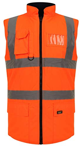 Mega_JumbleSale® Mens High Visibility Padded Reversible Body Warmer Gilet | Hi Vis Viz Safety Security 2 Tone Fleece Lined Sleeveless Waistcoat (4XL, Hi Viz Body Warmer Orange)