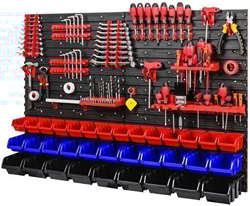 Werkzeugwand Stapelboxen 1152 x 780 mm - Lagersystem SET Werkzeughaltern und 34 Stück Box - Wandregal Werkstattregal Lochwand Schüttenregal Sichtlagerkästen
