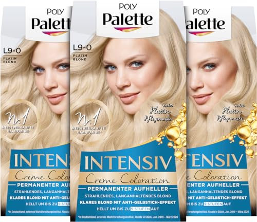 Poly Palette Intensiv Creme Coloration L9-0 Platin Blond Stufe 3 (3 x 135 ml), Permanenter Aufheller für strahlendes, langanhaltendes Blond, Anti-Gelbstich-Effekt