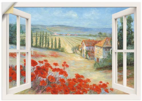 ARTland Wanddeko Wandtattoo selbstklebende Vinylfolie 100x70 cm Fensterblick Landschaft Toskana Italien Mohnblumen Blumen Natur C8ZS