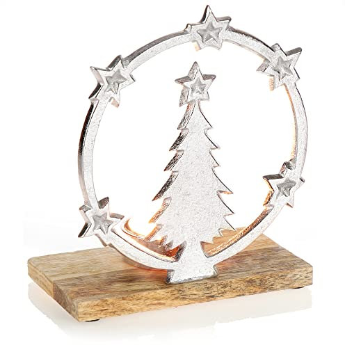 com-four® Teelichthalter mit Tannenbaum-Motiv - Weihnachtlicher Kerstenständer mit Holz-Sockel - dekorativer Kerzenhalter Weihnachten - Weihnachtsdeko (Tannenbaum mit Sockel)