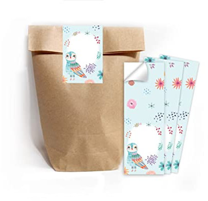 Junapack 12 Geschenktüten (Natur) + 12 Aufkleber Eule für Mitgebsel Gastgeschenk beim Kindergeburtstag Mädchen