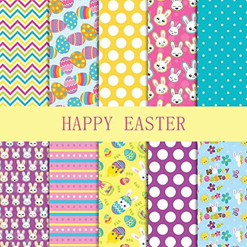 elemhome Oster-Nähstoff, 10 Stück, 24,9 x 24,9 cm, Tiere, Fat Quarter, Stoffbündel, Ostern, Baumwollstoff, Eier, Kaninchen, bedrucktes Stoffmaterial, Ostern, Nähen,
