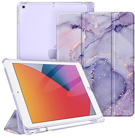 Fintie Hülle für iPad 9. Generation 2021/8. Gen 2020/7. Gen 2019 10.2 Zoll mit Stifthalter, ultradünne leichte Schutzhülle mit transparenter Rückseite und Auto Schlaf/Wach Funktion, Marmor Lila