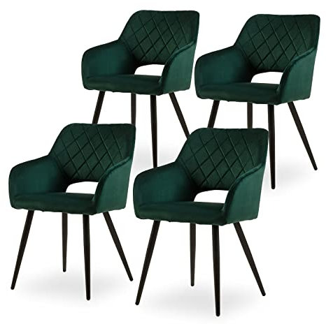 CLIPOP Esszimmerstühle, 4er Set, Polsterstühle mit Armlehnen, Metallbeine, Samtbezug, Samt Grün, bis 150 kg belastbar, für Arbeitszimmer, Wohnzimmer, Schlafzimmer (4er, Samt Grün)