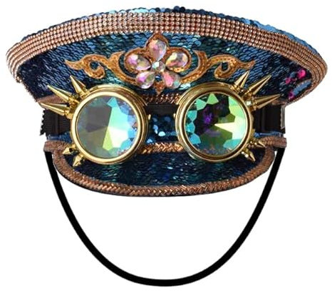 Unisex Pailletten Militär Kapitän Hüte mit Brille Steampunk Zylinder Hut Festival Halloween Cosplay Kostüm Caps (Grün)