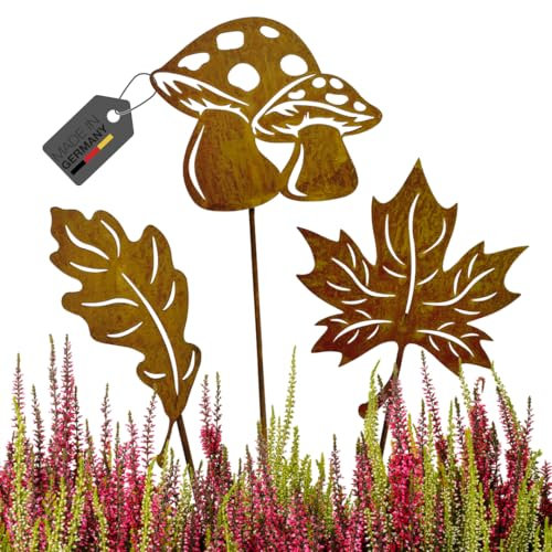 Terma Stahldesign Rostfigur Gartenstecker Set Herbst Zwei Blätter EIN Pilz mit Spieß 40-45cm tolle gartendeko aus Rost-Metall, deko rostoptik, Rostfiguren Tiere,