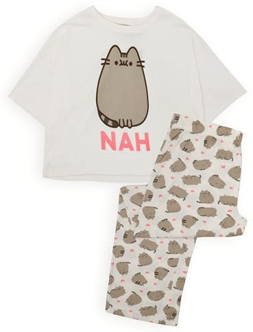 Pusheen Womens Pyjamas | Adults Ladies Cartoon Cat Nah White T-Shirt with Long Bottoms Pjs | Animal Anime Merchandise - Small