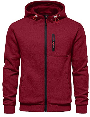 CTU Felpe con cappuccio da uomo con cerniera a maniche lunghe in pile felpe con cappuccio per uomo S-3XL, Rosso, XXL