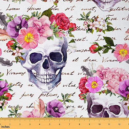 Halloween Stoff Meterware Rosenschädel Polsterstoff Zuckerschädel Dekorstoff Gothic Blumenknochen Drinnen Draußen Stoff Blätter Skelette DIY Kunst Wasserdichter Stoff Rosa Lila 92 x 150 (HxB)