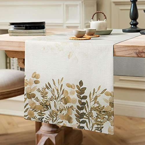 Tischläufer Modern Esszimmer Tischdecke Dekoration Leinen Gelb Eukalyptus Braun Laub Tischsets für Drinnen und Draußen Rechteckiger Dekorativer Tischläufer für Küche Esstisch Picknick 40x140cm