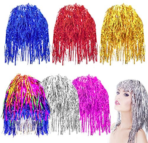 6 Stück Perücke Metallic, Foliensträhnen Foil Tinsel Perücken Bunte Lametta Perücke, Damenperücke Accessoire Karneval Weihnachten Cosplay Lametta Perücke