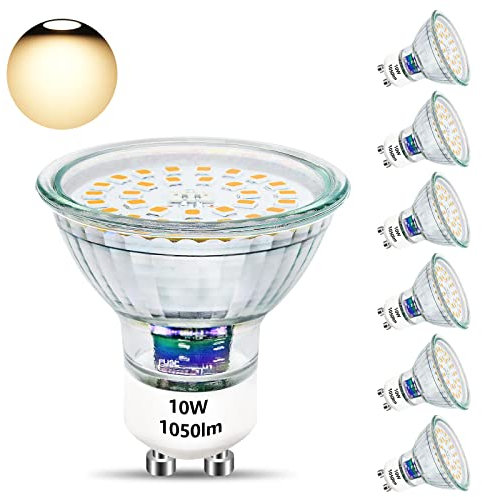 Unikcst Ampoules GU10 LED Blanc Chaud 10W Remplace 100W Halogène 3000K Base Verre 1050LM Lumineux Lampe LED 230V Angle d'abstraction 120° Spot, Non Dimmable 6 pièces