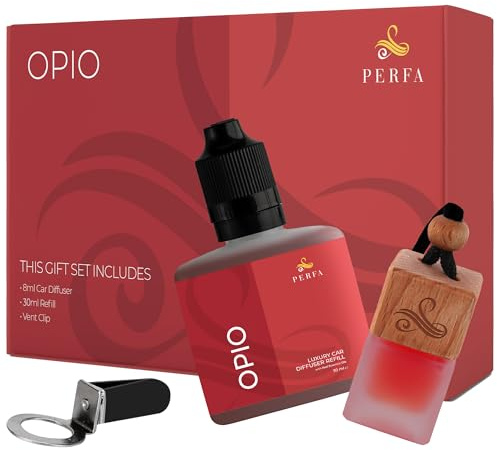 Opio Car Air Freshener Gift Set - 8ml Diffuser Bottle + 30ml Refill Bottle - Vent Clip, Gasket and Mini Reed Sticks - Long Lasting Fragrance - Car Diffuser Air Freshener by Perfa