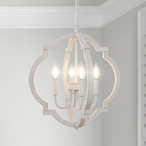LynPon 4 Lichter Weißer Holz Kronleuchter, Bauernhaus Rustikale Französische Hängelampe Antik Klassisch für Esszimmer, Schlafzimmer, Wohnzimmer, Küche