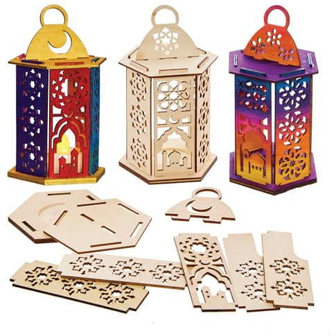 Baker Ross FX935 Ramadan-Holzlaternen-Sets - Packung mit 3, Religiöse Erziehungs-Kunsthandwerkssets für Kinder