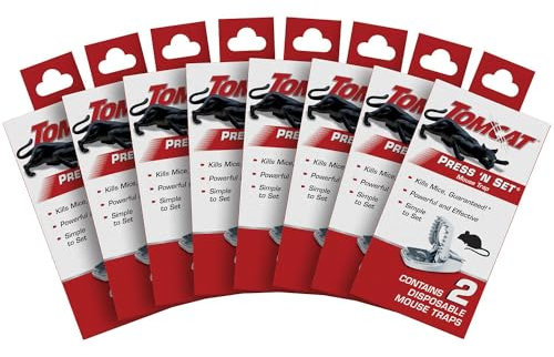 Tomcat Press 'N Set Mausefalle für Innen und Außen, Kunststoff gefederter Mäusemörder mit Haltelasche, 8er Pack (16 Fallen)