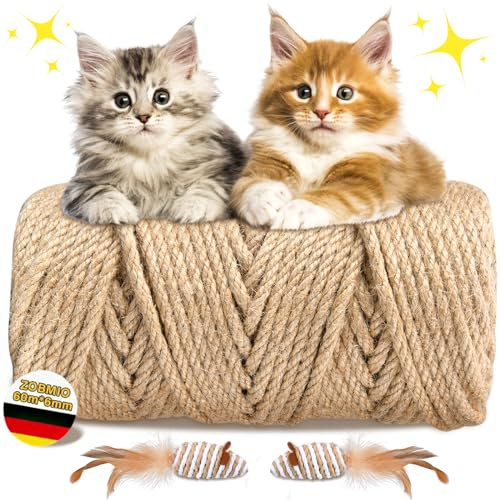 ZOBMIO Corde Jute 6 mm x 60 m avec Deux Jouets Souris, Naturel Corde Arbre à Chat, Corde de Jute Meilleure Qualité, Corde pour Arbre à Chat, pour Remplacement, Bricolage, Décoration de Maisons