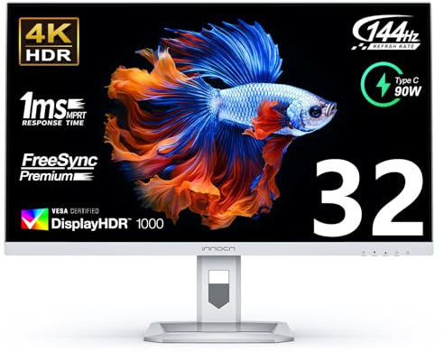 INNOCN 32M2V 32 Zoll 4K Mini LED Monitor, UHD@Max 144Hz HDR1000, Freesync Premium, 1MS, Eingebauter Lautsprecher, Höhenverstellbar, Sliver