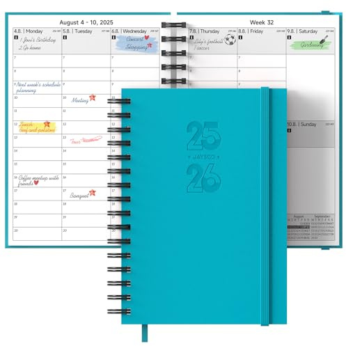 JAYSOO® Kalender 2025-2026 Wochenplaner 21x14.5cm Tageplan und Stundenplan, 17 Monate Terminplaner Spiralblock (Aug.2025-Dez.2026) für Arbeit, Lernen und Familienplan - Blau