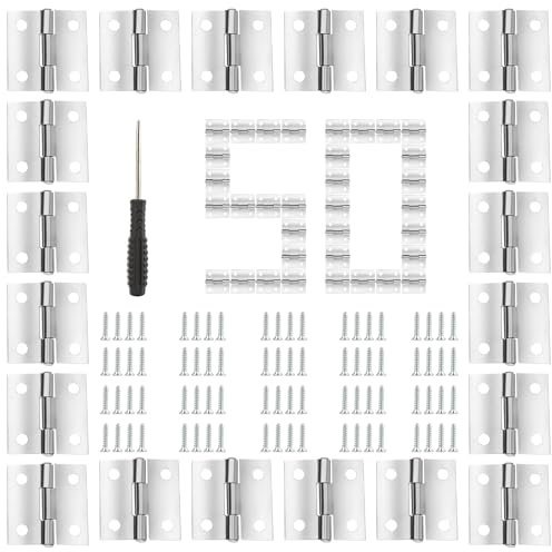 50 Mini Silver Stainless Steel Folding Butt Hinges, 25mm, With 200 Screws, Small Hinges for Wooden Boxes, Closet, Drawer