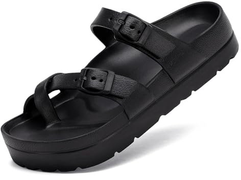 Waysoland Damen Sommer Sandalen, Orthopädische Bequeme Folien Dicke Sohlen flache Sandalen mit einstellbarer Schnalle und Ultra Kissen(Schwarz, 38 EU)