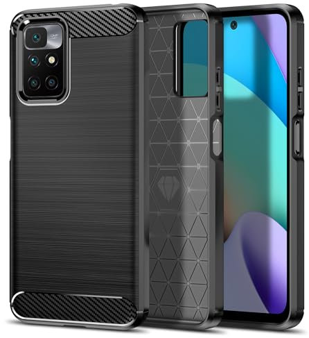 Qiinogow Hülle Kompatibel mit Xiaomi Redmi 10/Redmi 10 Prime/Redmi 10 2022/Redmi 10 Prime 2022, Ultradünne Handyhülle Mit Stoßdämpfung, Schutzhülle aus Kohlefaser-TPU (Schwarz)