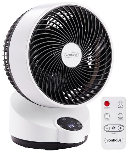 VonHaus Ventilador Mini de Mesa – Ventilador de Sobremesa Pequeño Silencioso con 3 Velocidades, Temporizador de 12 h, Pantalla LED y 3 Aspas con Mando