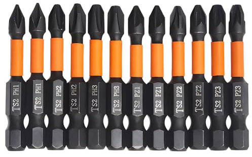 Saipor 12pcs 50mm/2 PoziDriv Phillips Screwdriver Bit Set, Magnetic Impact POZI Phillips Bit, 1/4 Inch Hex Shank S2 Steel Impact Screw Driver Bits, Phillips Head Drill Bits for Power Drill