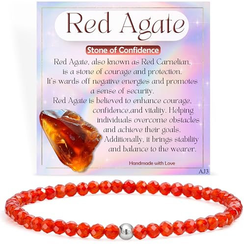 Red Achat - Vertrauen - Edelstein Perlen Armband für Frauen, 4mm Kristall Silber 925 Naturstein Schmuck Elastisch Armbänder Damen, Chakra Spirituelle Charms Armbänder Geschenke