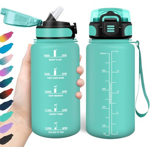 HoneyHolly Trinkflasche 500ml, Auslaufsicher, Wasserflasche BPA-Frei, Motivierende mit Zeitmarkierung, Trinkflasche mit Strohhalm, Trinkflasche Sport für Kinder, Fahrrad, Fitness, Schule, Büro