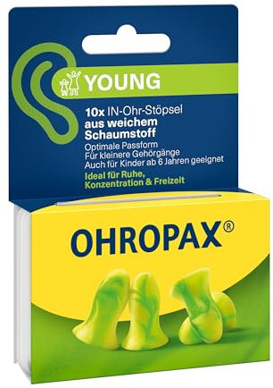 OHROPAX Young Ohrstöpsel – für Ohren mit kleineren Gehörgängen – IN-Ohr-Stöpsel aus weichem Schaumstoff – Schalldämmwert SNR 35 dB – ideal für Ruhe, Konzentration und Freizeit – 10 Stück