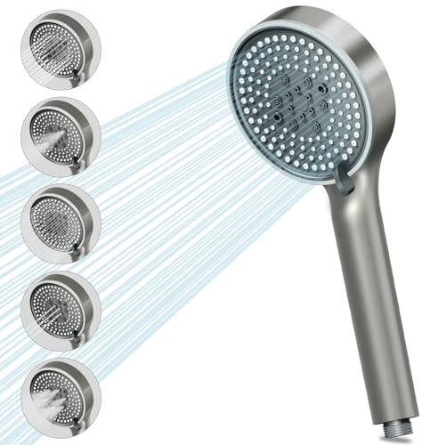 Shower Head VEHHE with 5 Spray Modes, Large Shower Heads with 12cm Panel Diameter, Shower Head High Pressure with Anti-Clogging Silicone Nozzles, Power Shower Heads Handheld for Home Gym Spa(Grey)