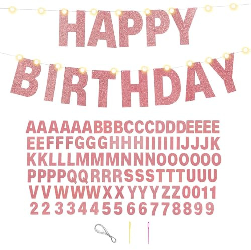 107Pcs Buchstabe Numerisch Banner Individuell gestaltete Flash-Banner Verzierungen Personalisierte Geburtstag Weihnachten Karneval Party (Roségold)