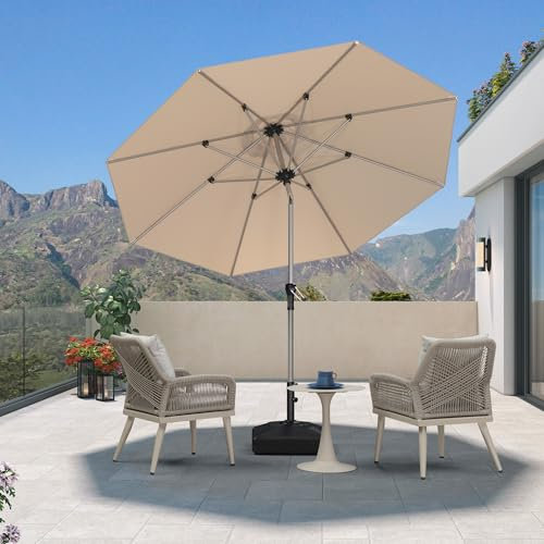 PURPLE LEAF Parasol de Jardin Extérieur Inclinable 2,7 m Rond, Parasol Droit avec Châssis en Aluminium Champagne, Parasol Balcon Toile UPF 50+ pour Jardin Terrasse Patio Piscine, Beige