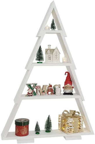 WEECO Sapin de Noël Décoratif en Bois avec 4 Étagères - Arbre Fait à la Main 110 x 86 cm - Décoration Debout ou Suspendue pour Intérieur et Extérieur - Blanc