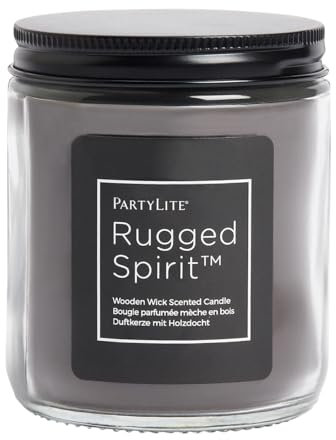 PartyLite Rugged Spirit™ Bougie en pot à mèche en bois – Musc du cuir, combustion de 40 à 50 heures, mèche craquelée, parfum masculin de cuir, bois de santal, rose et bergamote
