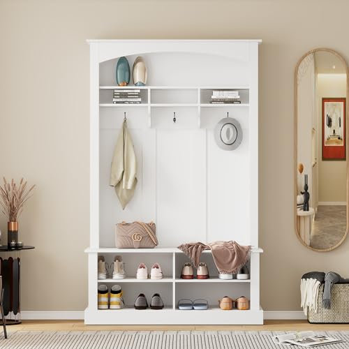 Merax Garderobe Set, Garderobe mit Schuhschrank, Multifunktionale Aufbewahrungsbank mit 3 hängenden Haken & offenem Stauraum, Stylishe Garderobenset für Flur, Weiß, H190/B120/T40 cm