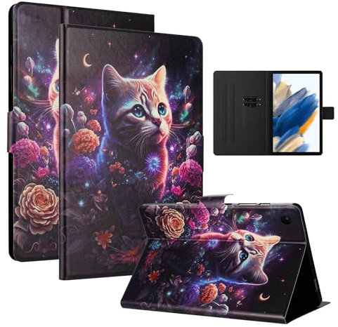 LSPCASA Hülle für Samsung Galaxy Tab A8 10.5 Zoll Mit Magnetische Schnalle Tab Galaxy Tab A8 Hülle Mit Kartenfächern Klappschutzhülle, Blumenkatze