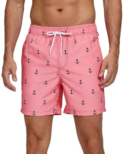 HLVEXH Costume da bagno da uomo ad asciugatura rapida, con fodera in rete e tasche, Ancora rosa, S