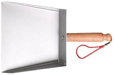 Recogedor de mano de acero inoxidable, borde de metal plano, mango ergonómico de madera, uso a largo plazo, 11,5 x 14 x 4 cm, para cocina, baño, sala de estar