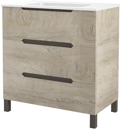 ONDÉE - Mueble de Baño Independiente Alaska 80 cm, Lavabo cerámico, 3 cajones con Cierre Suave, se Entrega en Kit, 80 cm, Madera nórdica, Modelo Alaska
