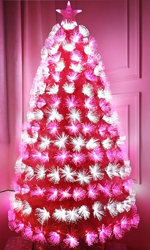 Asinse 6ft/180cm Pre-lit Artificial Christmas Tree, Fiber Optic Xmas Tree with 250 Pink PVC Branches, Automatic Color Change, Metal Stand, for Holiday Home Decor