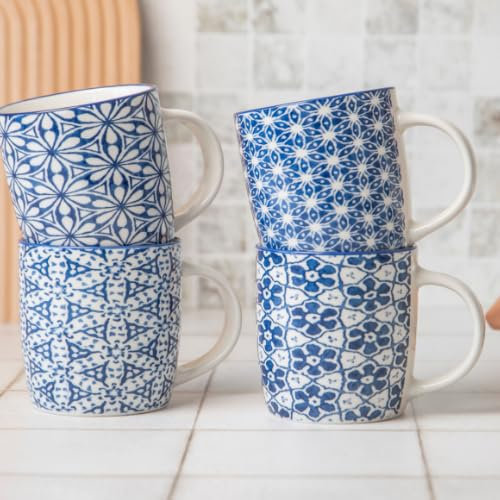 FABFINDS Blue Geometric Ceramic Mug 350ml Mediterranean Pattern Glossy Glazed Drinkware with Traditional Tile Print, Dishwasher & Microwave Safe(H 9cmx W8cm) Assorted Designs (Floral Trellis)