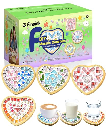 Finsink 4 Kit Mosaïque Adulte DIY Bois Dessous de Verre en Mosaïque Kit Loisirs Créatif Convient comme cadeau d'anniversaire pour les enfants de 5 ans et plus